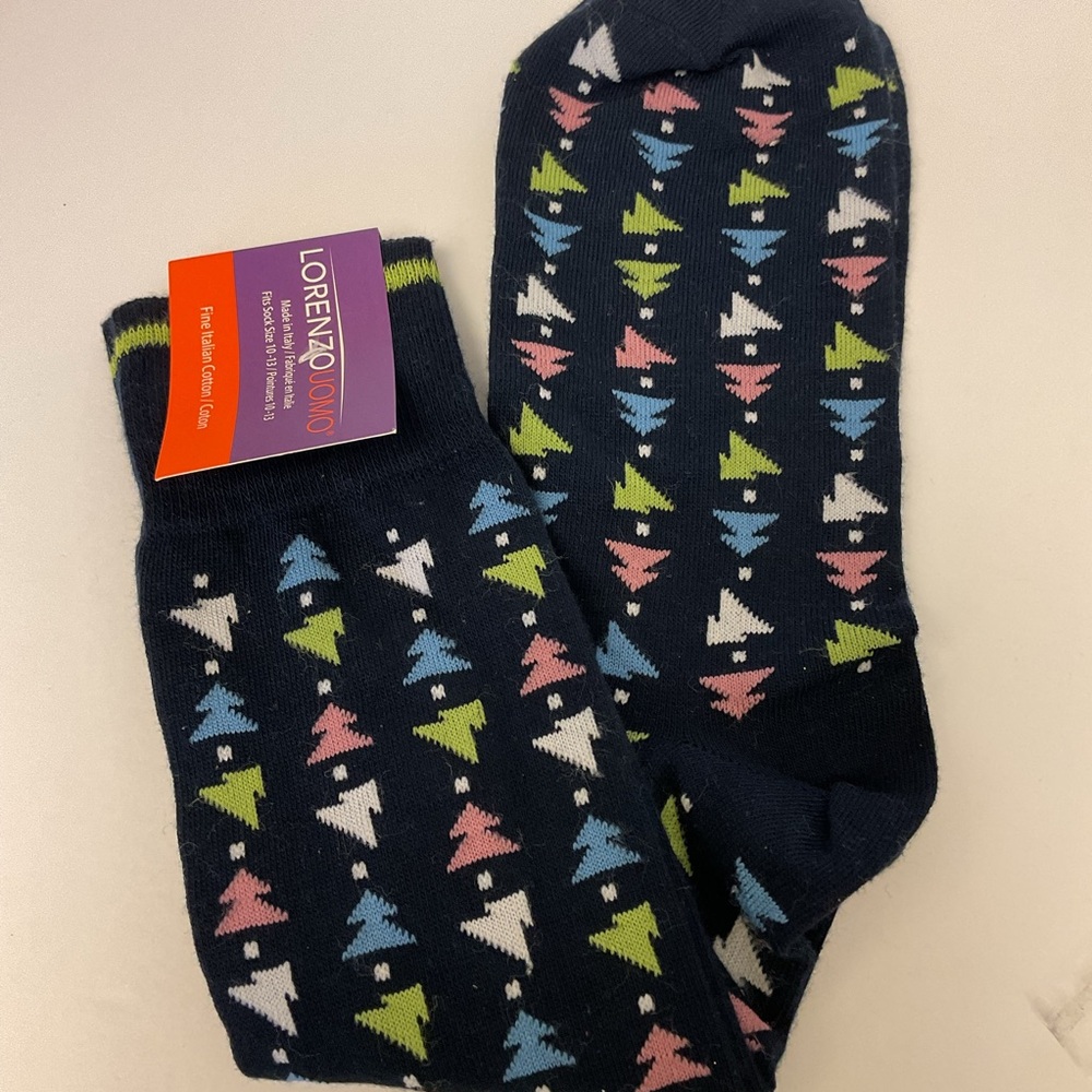 LORENZO UOMO MENS COTTON SOCKS ABSTRACT CHRISTMAS TREE PRINT ON NAVY OS NWT